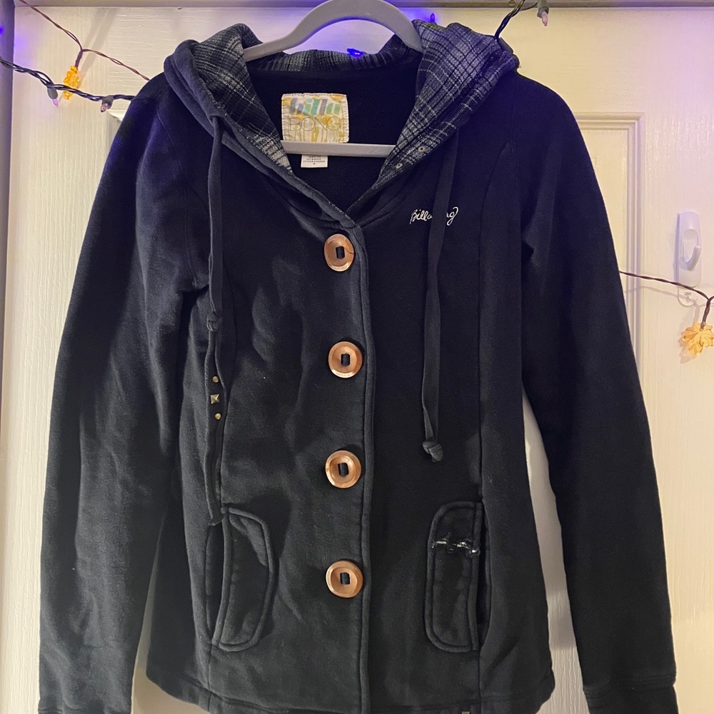 Black Billabong sweatshirt-material button-up hoodie.  Wooden buttons, Size M
